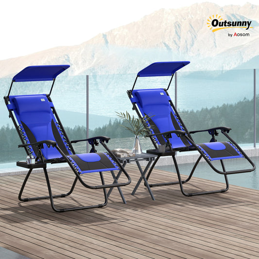 Outsunny Zero Gravity Lounger Set 2 Folding Reclining Patio Chairs With Shade Cover Cup Holder Soft Cushions Blue