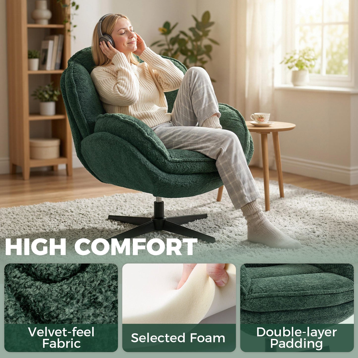 HOMCOM Modern Wingback Velvet Armchair With Swivel And Four Star Base In Dark Green
