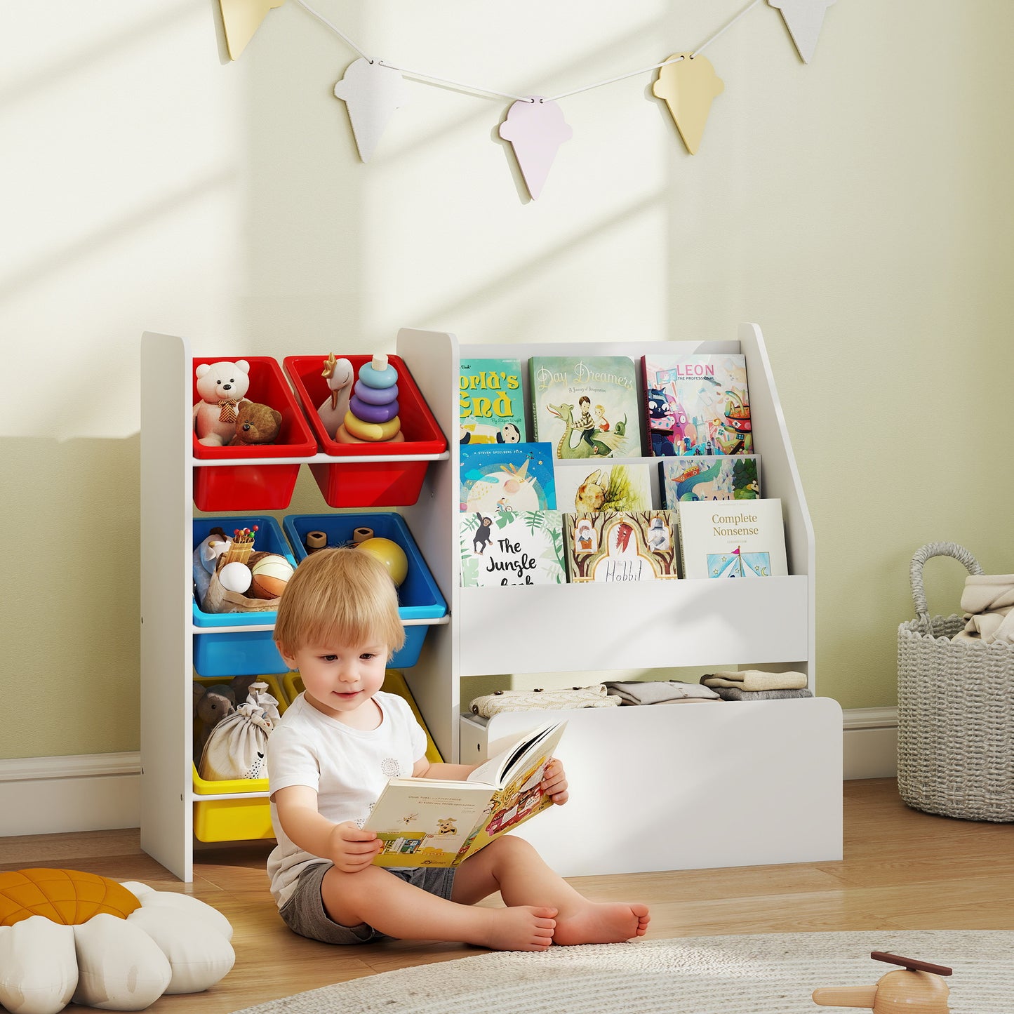 AIYAPLAY 3 Tier Toy Organiser Shelf With 6 Removable Bins Multicoloured For Bedroom Nursery