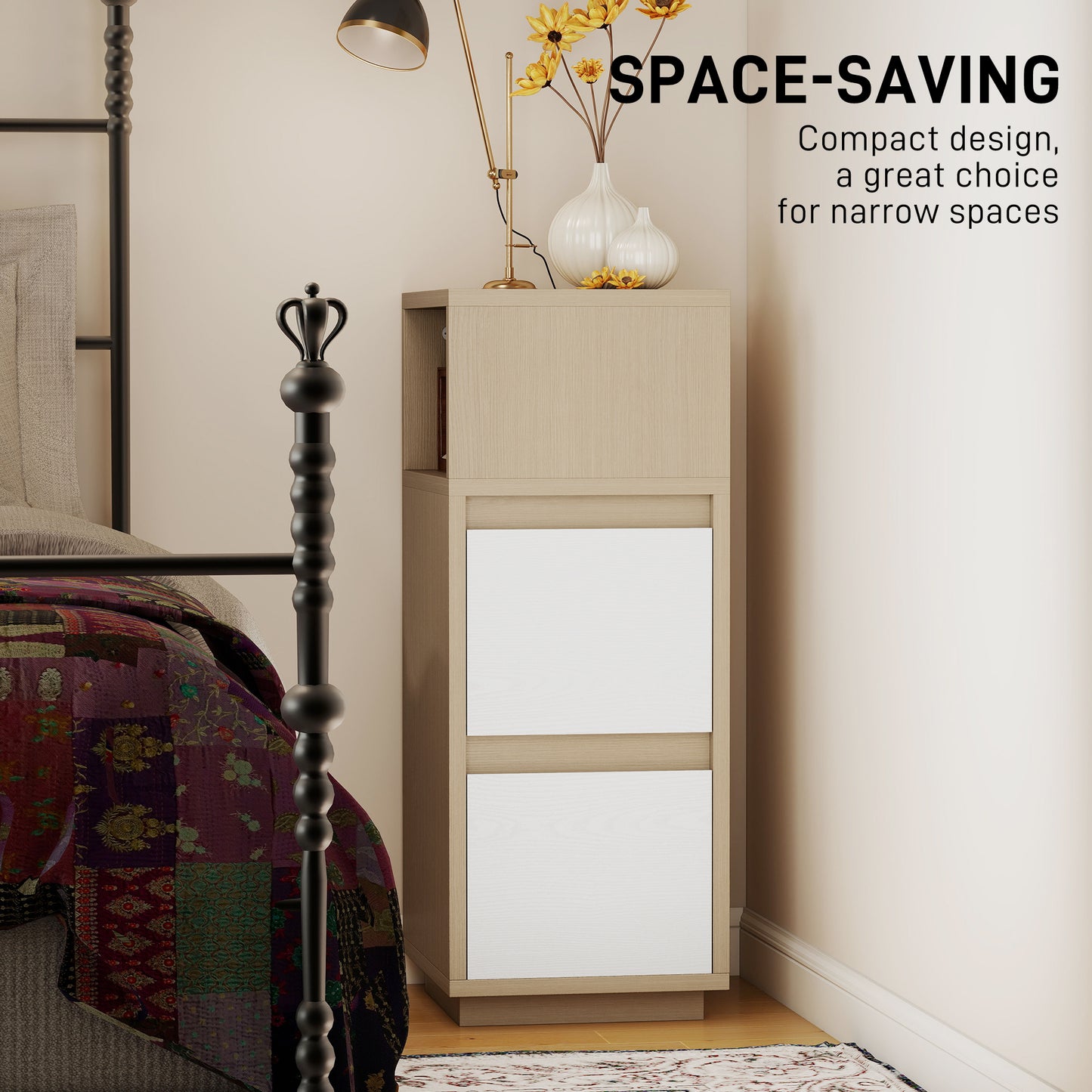 HOMCOM Slim Bedside Table Narrow Cabinet With Open Shelf And Two Drawers Natural Wood Finish For Bedroom And Living Room