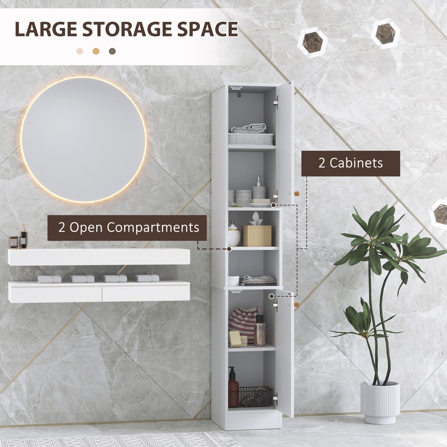 HOMCOM Tall White Bathroom Storage Cabinet with Doors Freestanding Slim Unit with Adjustable Shelves Two Tier Cabinets