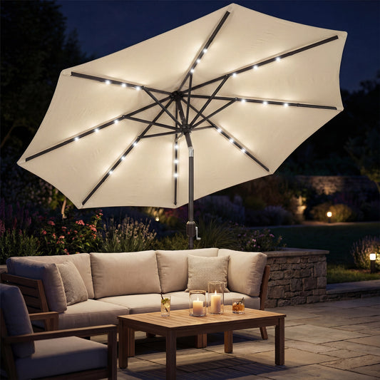 Outsunny 2.6m Garden Parasol Umbrella With LED Solar Light And Parasol Cover Beige For Outdoor Patio
