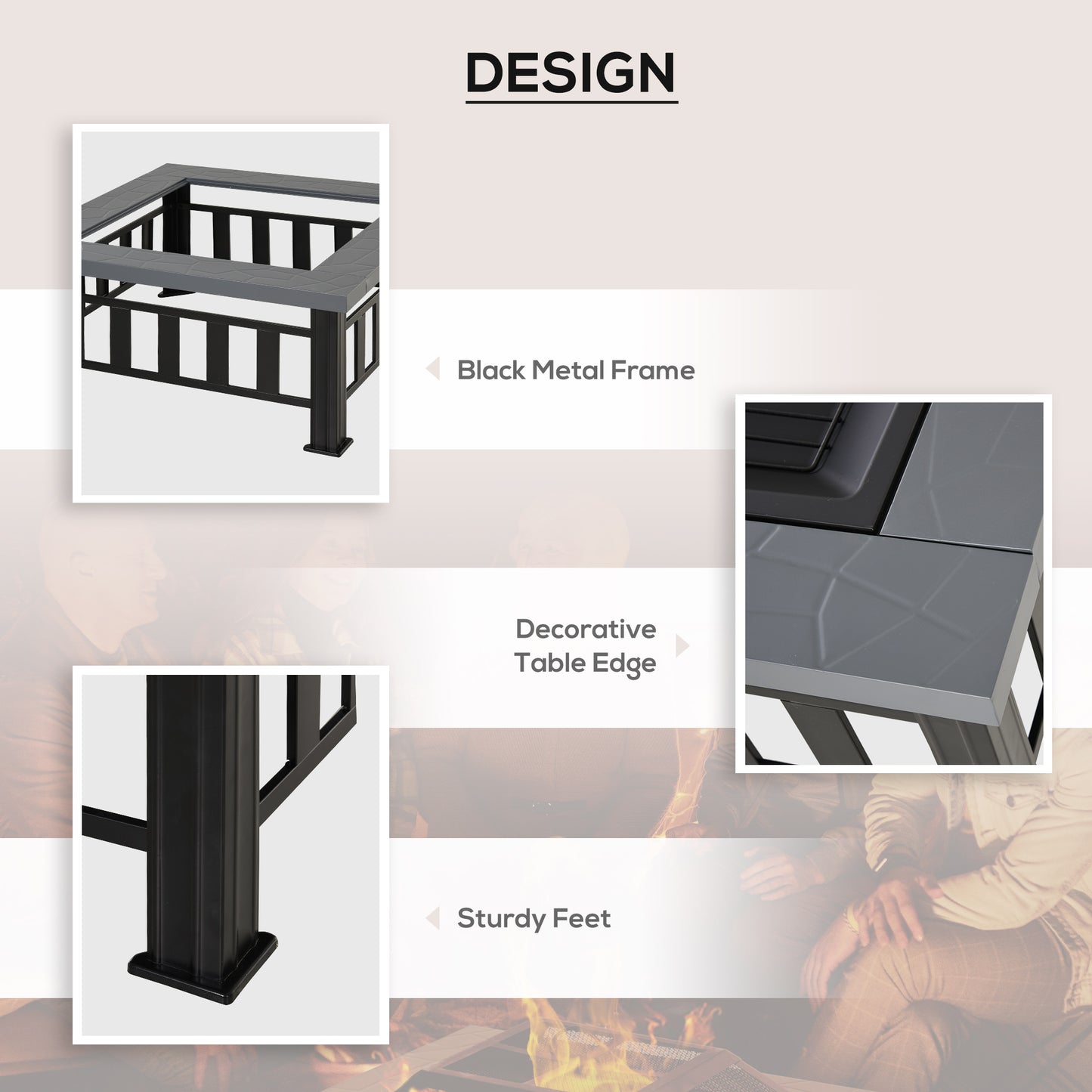 Outsunny Outdoor Square Fire Pit With Rain Cover And Log Grate For Backyard Camping BBQ Bonfire 86 x 86 x 54cm Black