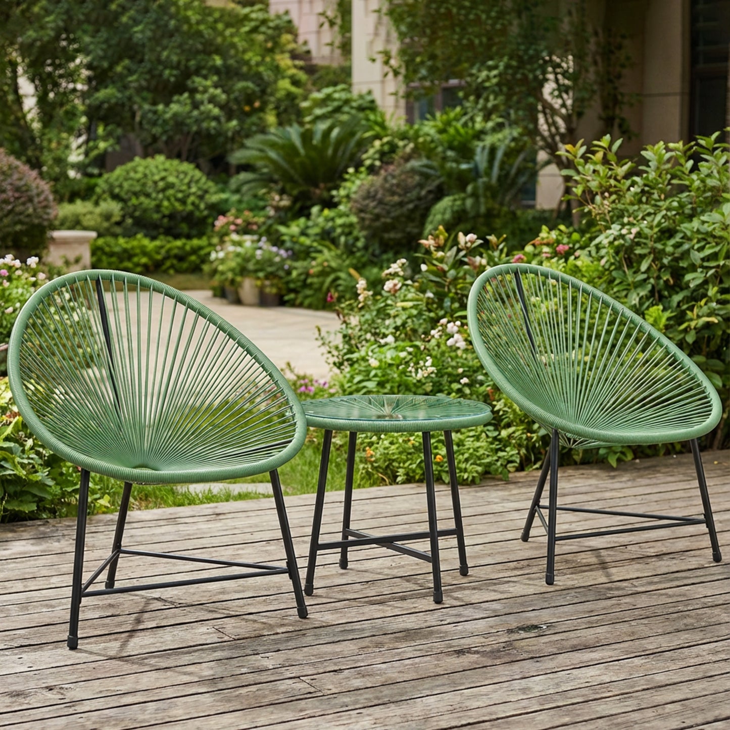 Outsunny Rattan Bistro Set with Acapulco Chairs and Glass Table in Green for Outdoor Patio Garden