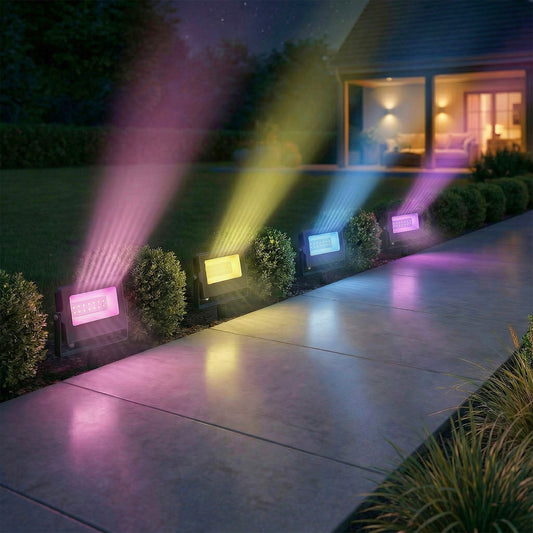 Outsunny 32W LED Floodlights Linkable 4 Pack Landscape Lighting With Remote Control RGB Colour Changing UK Plug Black