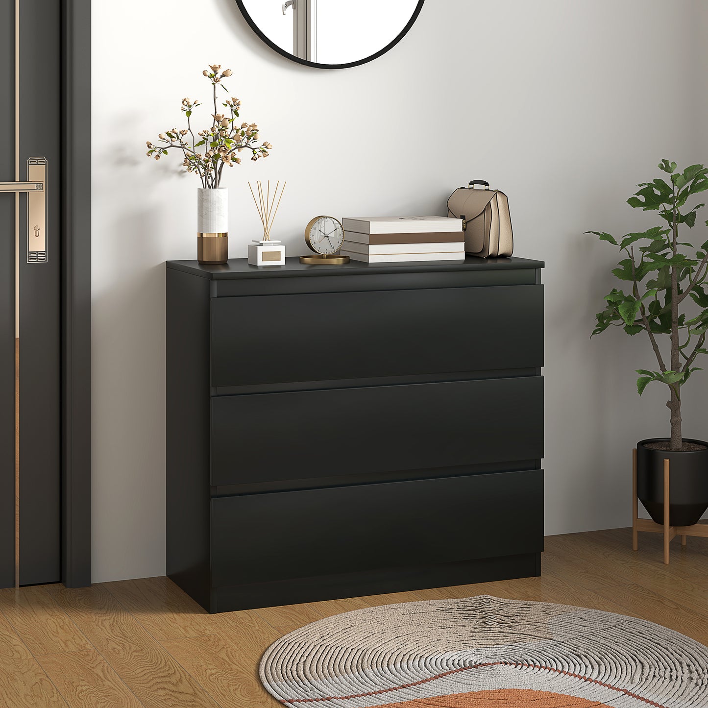 HOMCOM Chest Of Three Drawers Black Modern Dresser For Bedroom Storage And Organization