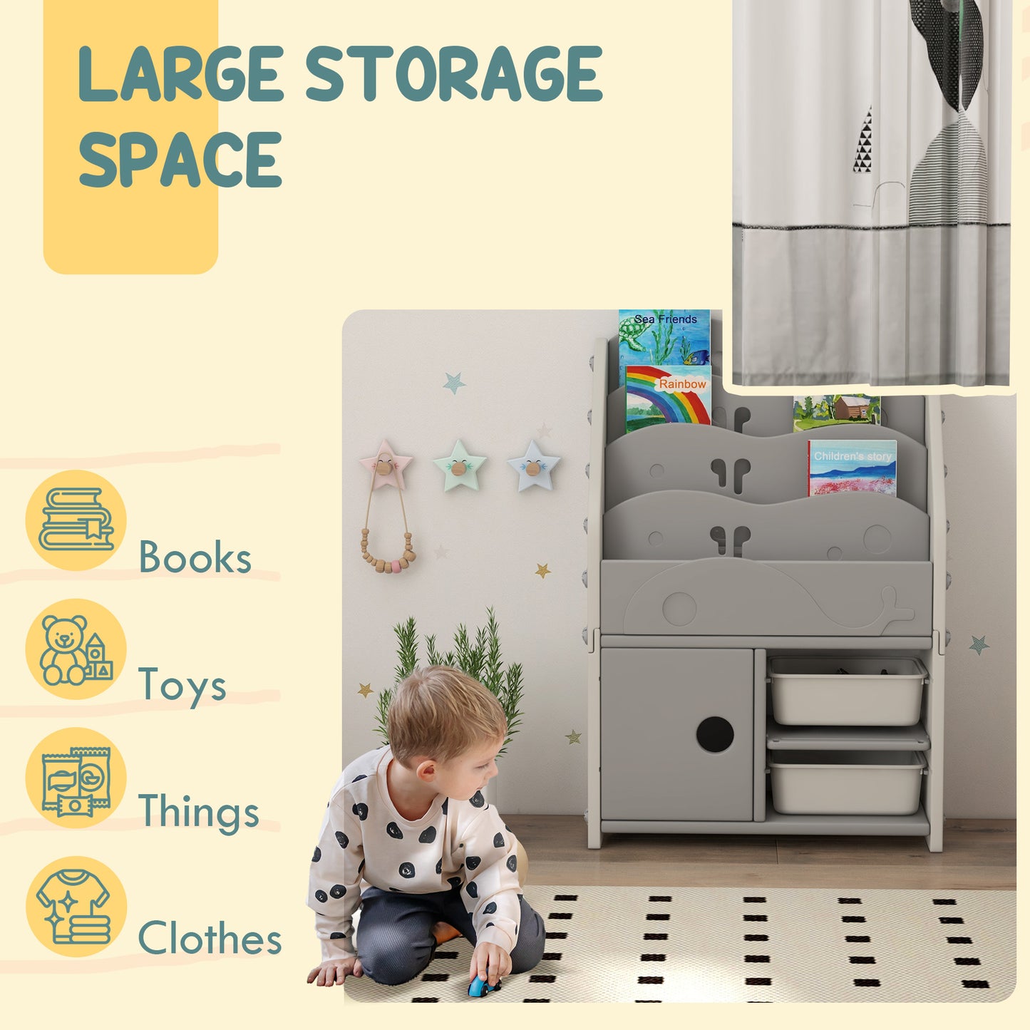 HOMCOM Light Grey 4-Tier Kids Storage Unit with 2 Boxes and Cabinet, 67 x 29 x 98cm - ALL4U RETAILER LTD