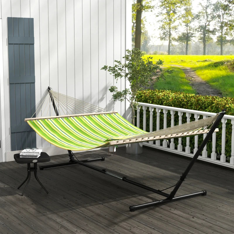 Outsunny Double Cotton Hammock with Adjustable Steel Stand, Pillow Included, Green Stripes - Perfect for Garden, Patio, Beach - ALL4U RETAILER LTD