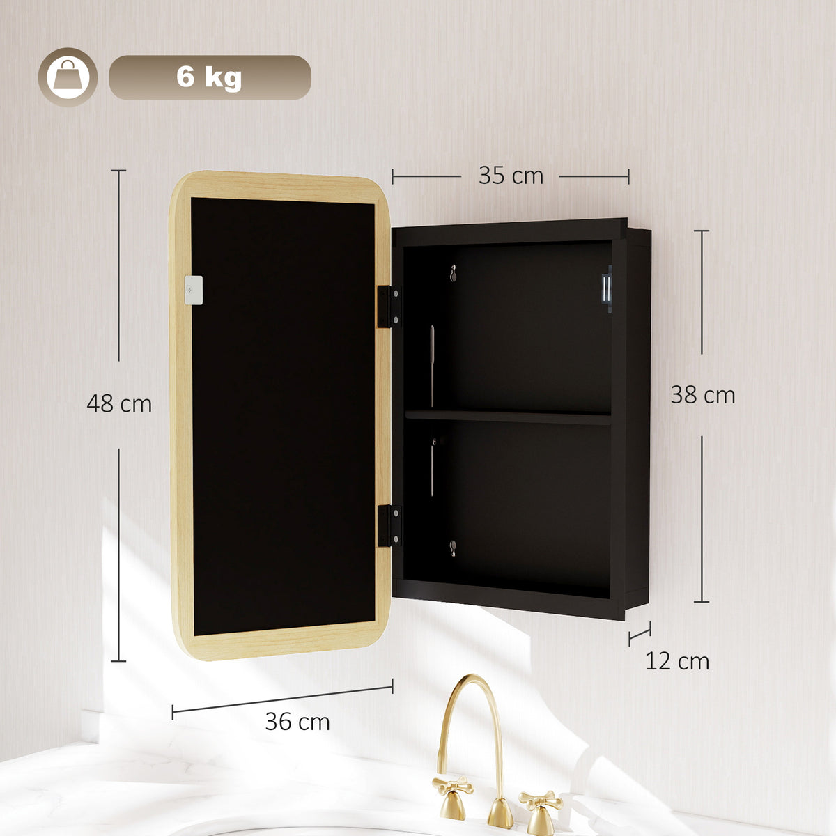 Natural wood medicine cabinet with mirror, open interior with adjustable shelf