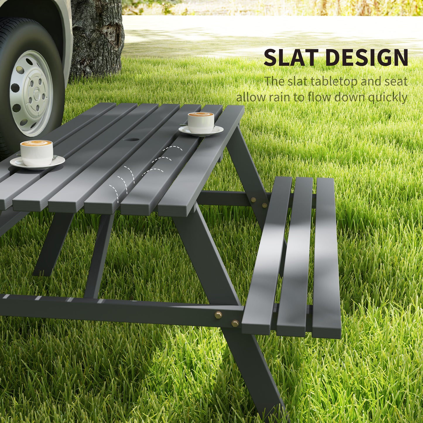 Outsunny 6 Seater Wooden Picnic Table Bench For Outdoor Garden And Patio With Parasol Cutout 150 Cm Grey