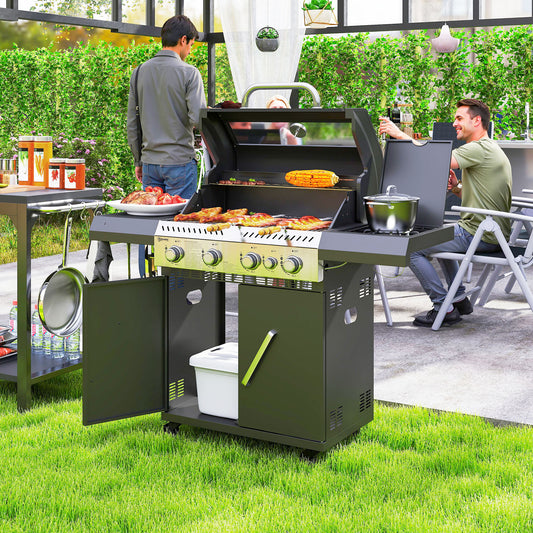 Outsunny 4 Plus 1 Burner Gas BBQ Grill With Clear View Lid Barbecue Grill Builtin Thermometer Side Table Cabinet Wheels