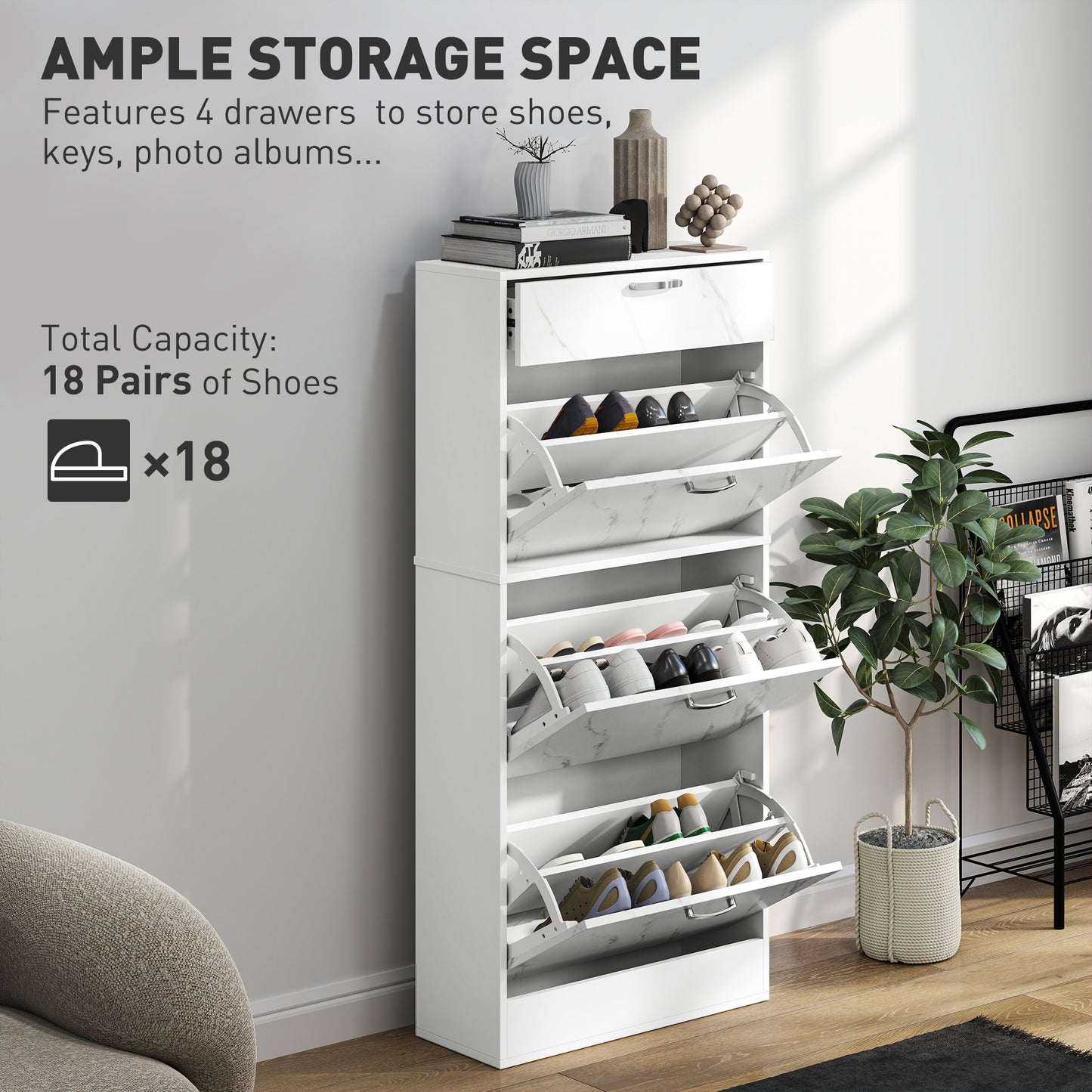 HOMCOM Marble White Shoe Storage Cabinet With 3 Flip Drawers Top Drawer And Adjustable Shelves Hallway Cabinet