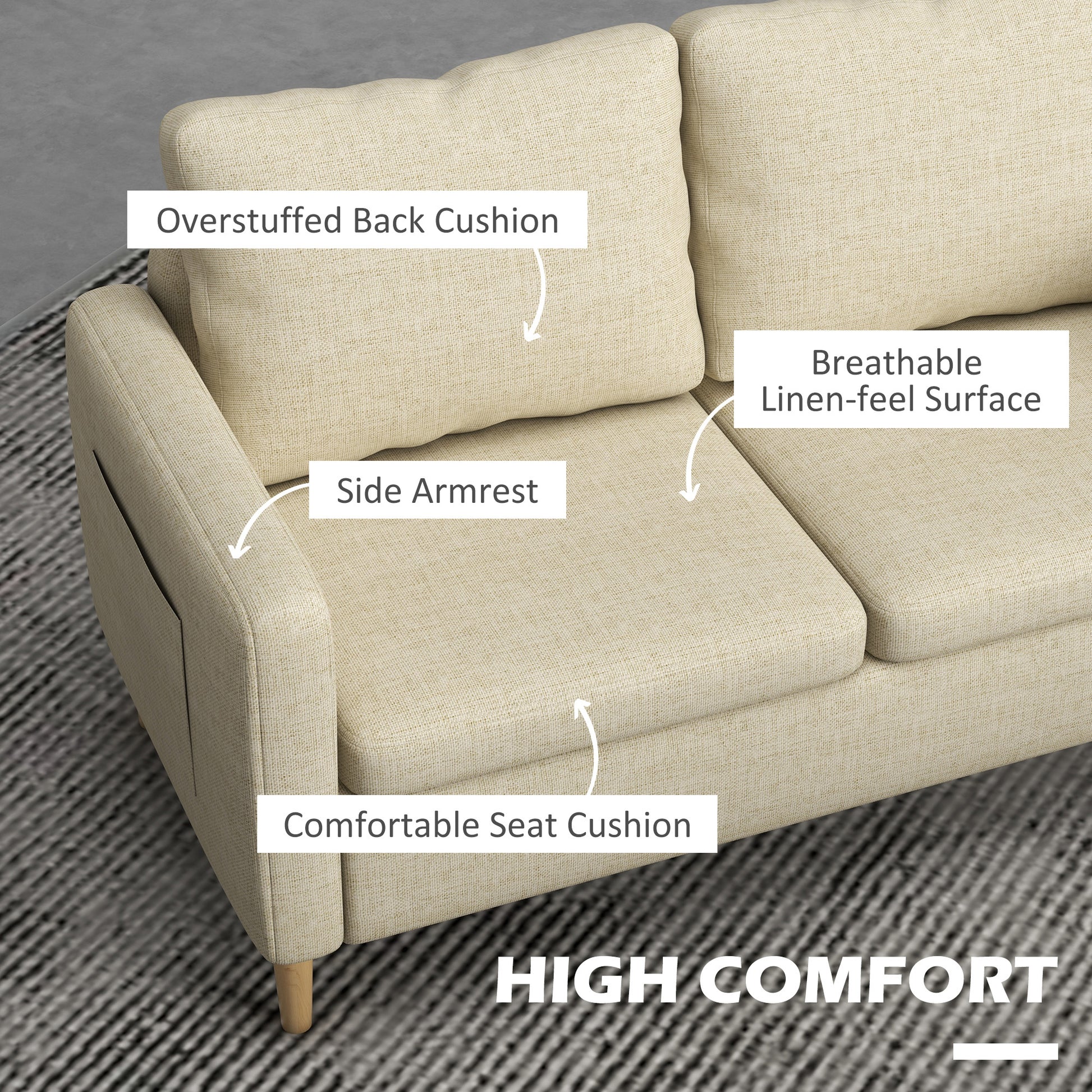 HOMCOM Beige Modern 2-Seater Sofa Couch with Side Pockets and Wooden Legs for Living Room and Home Office - ALL4U RETAILER LTD