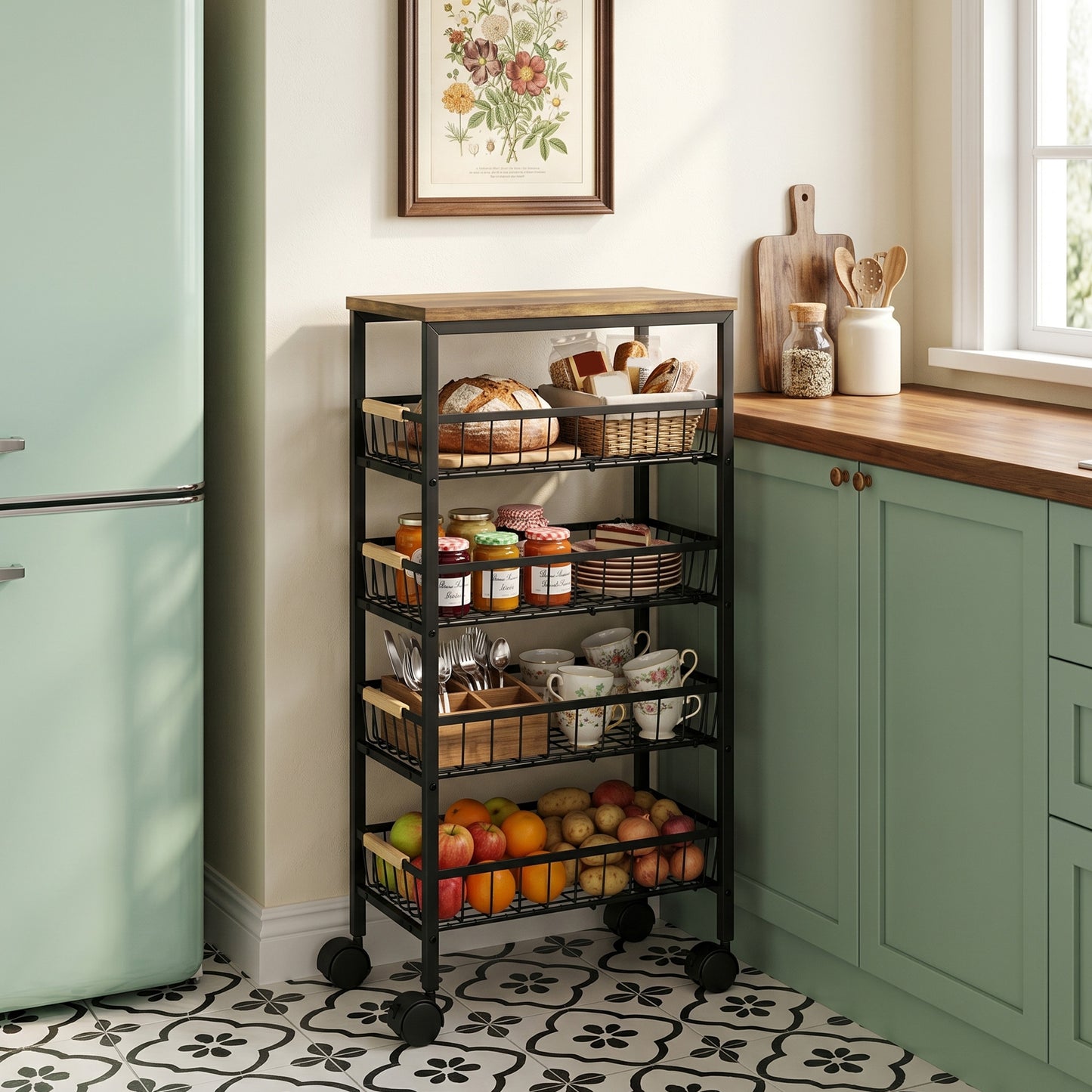 HOMCOM Metal Kitchen Trolley 4 Tier Storage With Pull Out Baskets And 4 Swivel Casters Rustic Brown