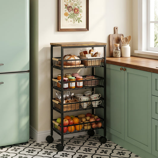 HOMCOM Metal Kitchen Trolley 4 Tier Storage With Pull Out Baskets And 4 Swivel Casters Rustic Brown