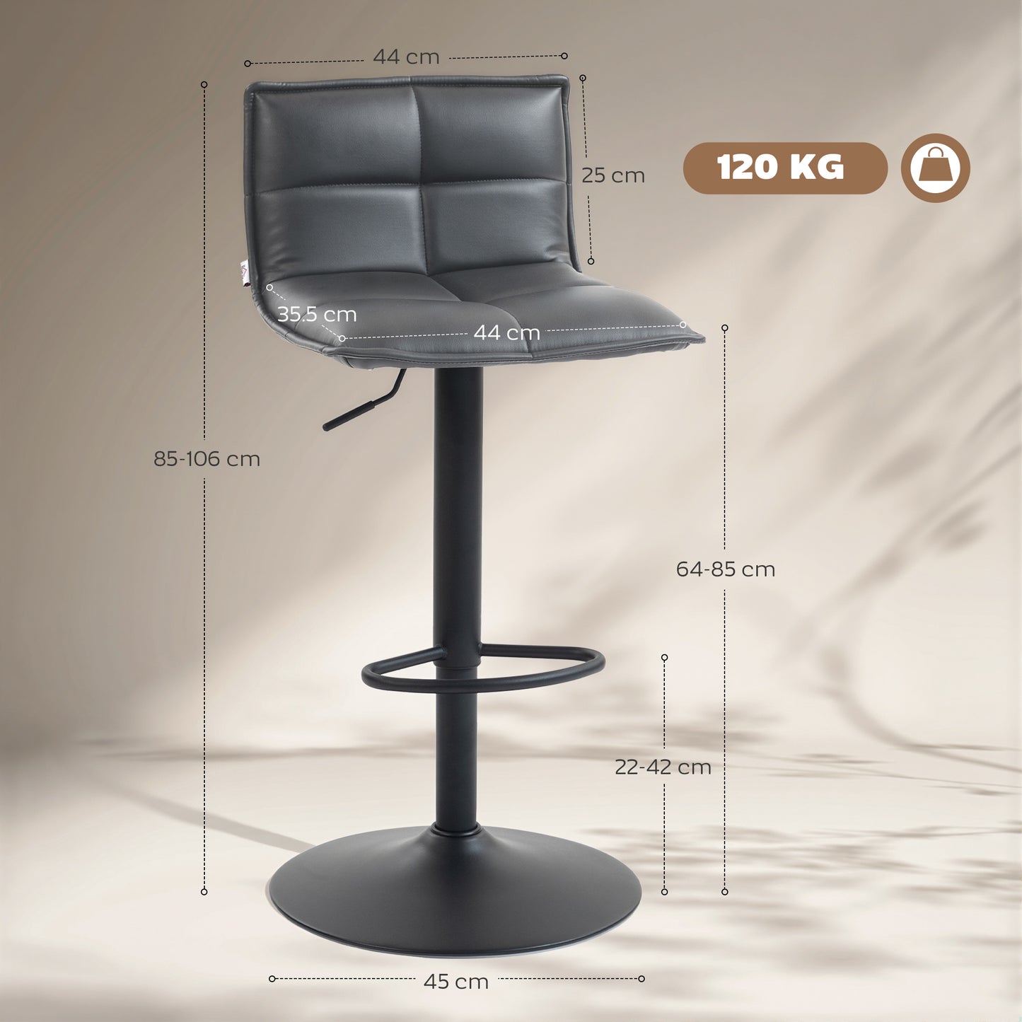 HOMCOM Set of Two Modern Faux Leather Bar Stools with Gas Lift and 360 Degree Swivel Dark Grey