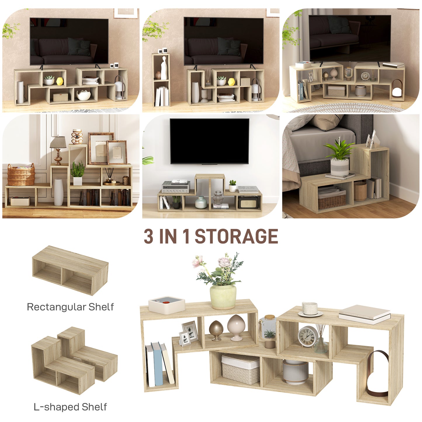HOMCOM Three Block Modular TV Stand Grey Wood Effect with Six Shelves for Up to 75 Inch TVs
