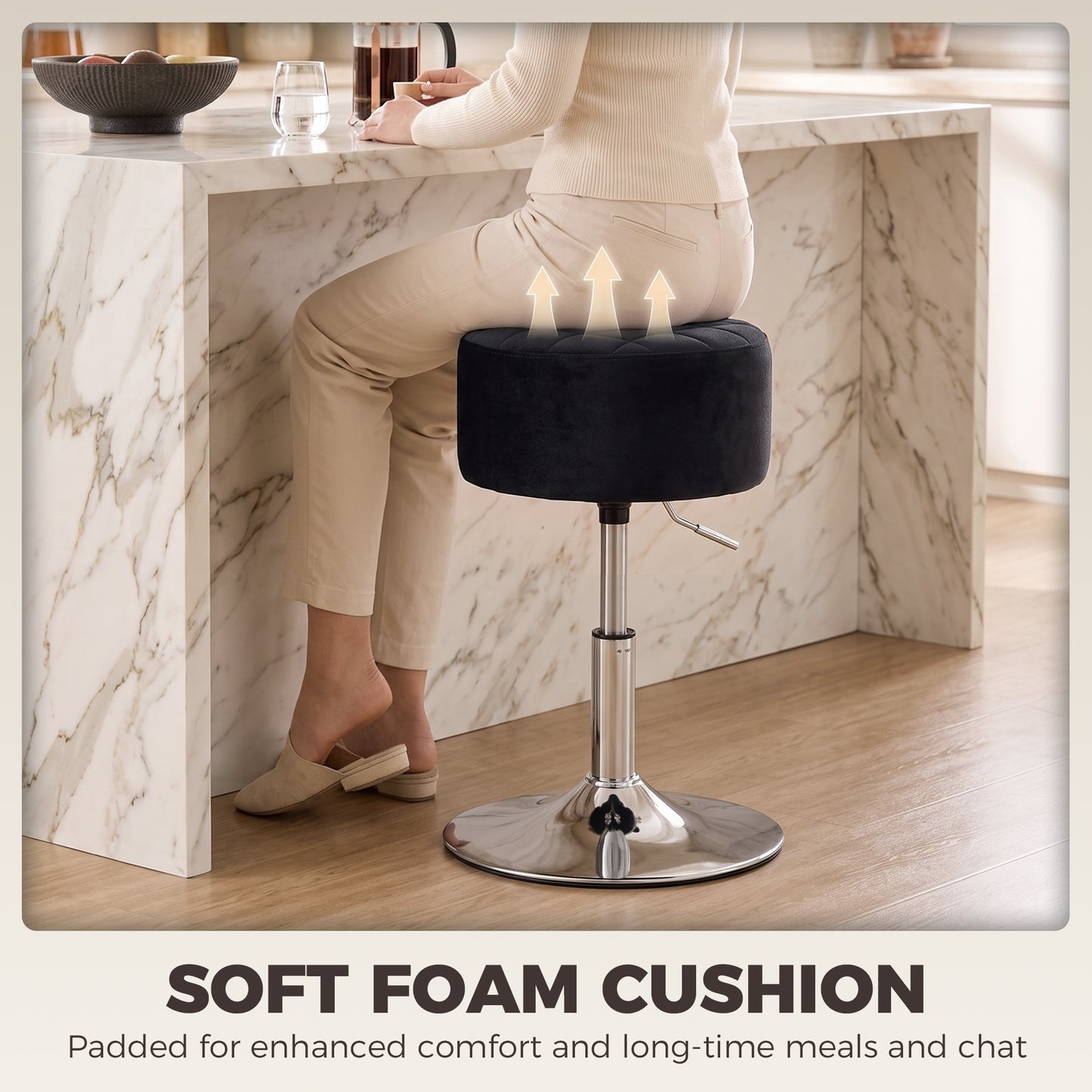 HOMCOM Adjustable Swivel Bar Stool Velvet Seat Stable Base