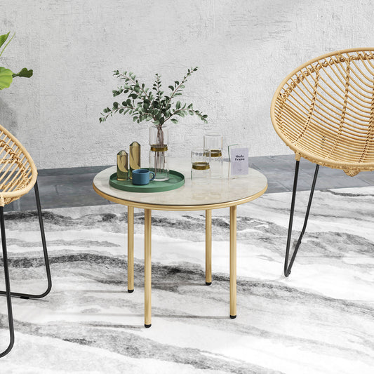 Outsunny Round Coffee Table With Faux Marble Top And Tempered Glass Steel Frame End Side Table For Living Room Beige