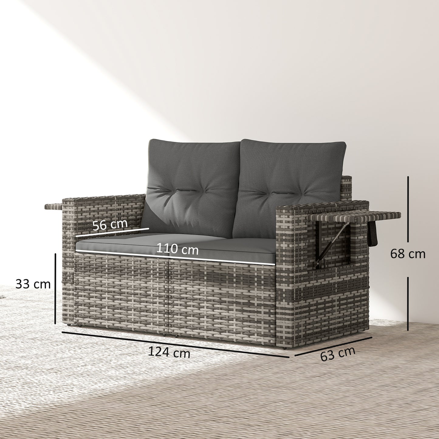 Outsunny 2 Seater Rattan Sofa With Hidden Side Trays And Cushions Converts To Two Chairs Patio Balcony Dark Grey