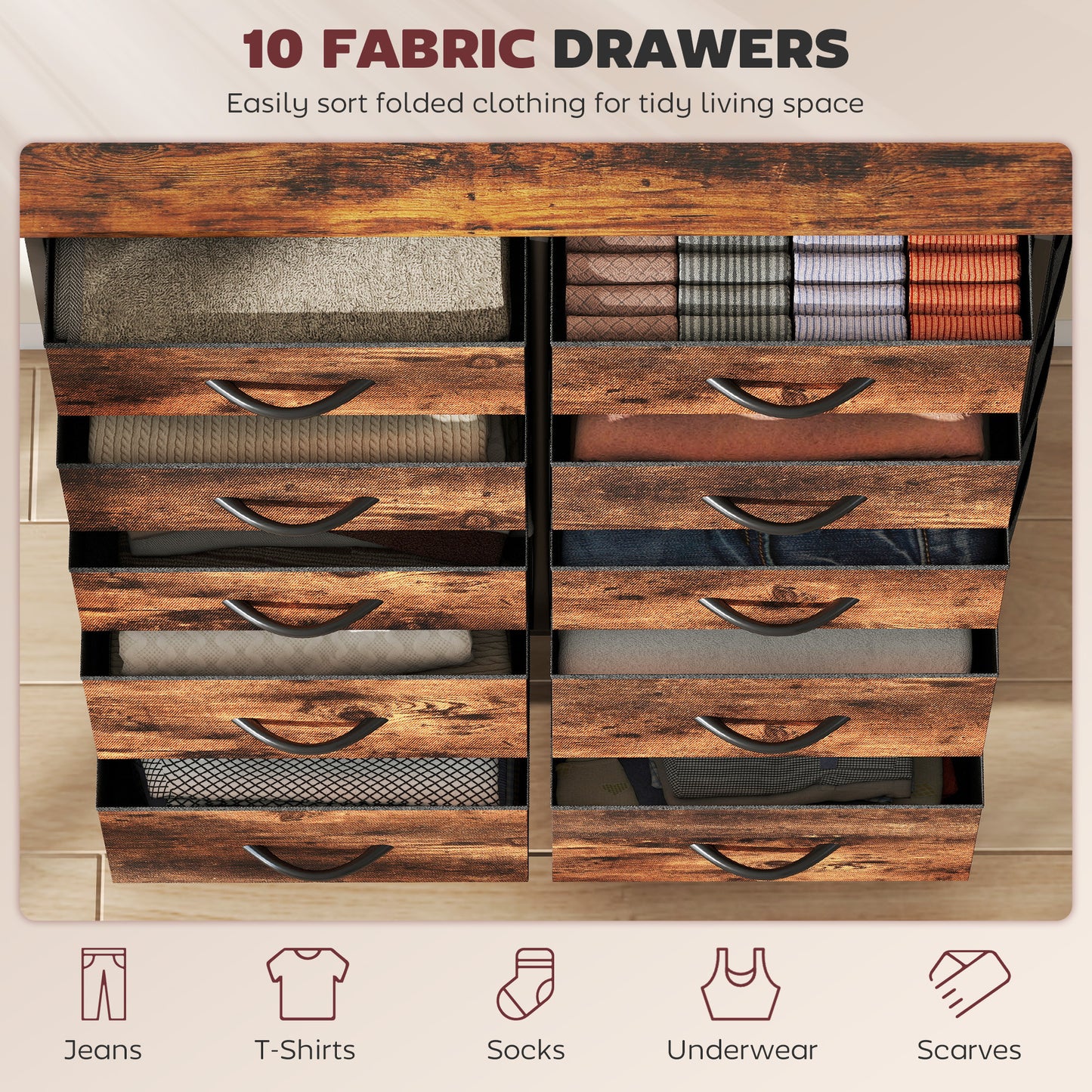 HOMCOM Chest Of Ten Fabric Drawers Rustic Brown With Steel Frame Six Small And Four Large Drawers