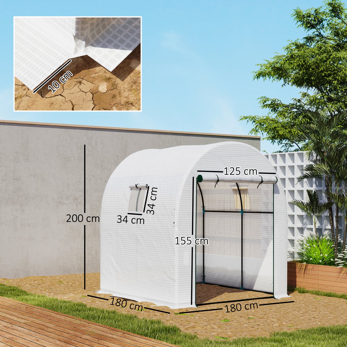 Outsunny 180 x 180cm Walk In Polytunnel Greenhouse White With Zipped Door And Mesh Windows