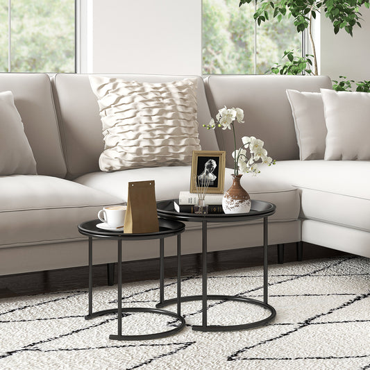 HOMCOM Nesting Tables Set Of 2 With Removable Tray Steel Frame End Tables For Living Room And Bedroom Black