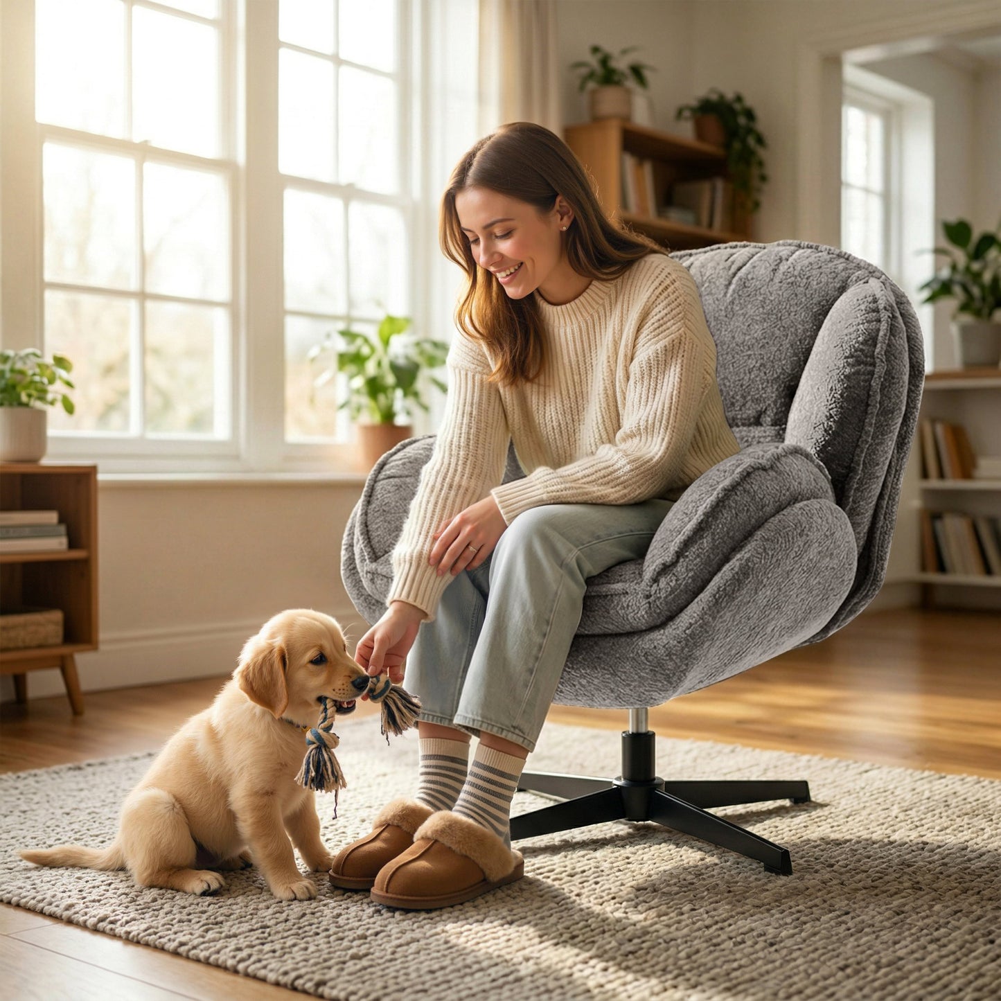 HOMCOM Modern Wingback Velvet Accent Chair with Swivel and Four Star Base in Grey