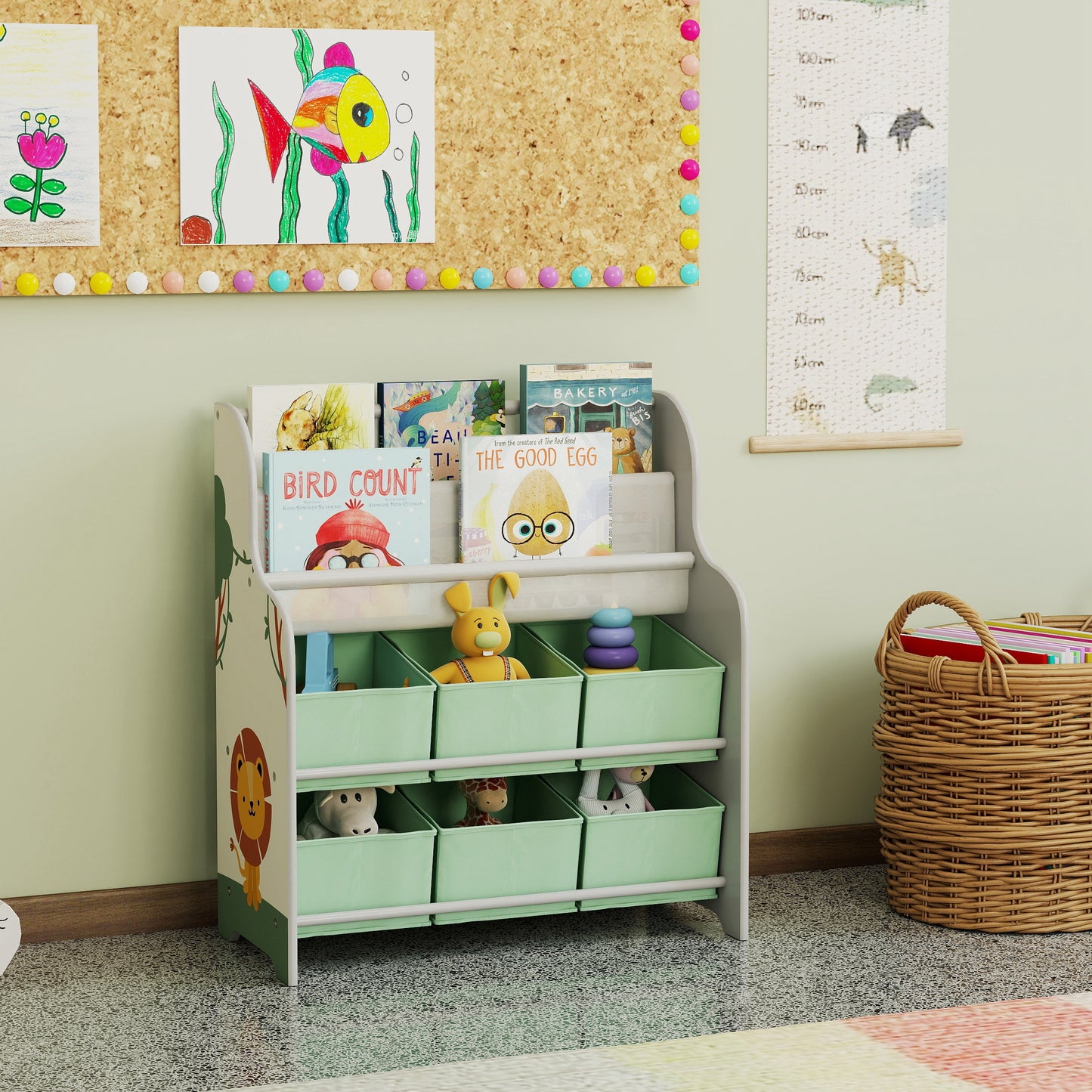 AIYAPLAY Kids Toy Storage Unit With 6 Fabric Drawers And 2 Tier Sling Book Rack For Bedroom Playroom Nursery Green