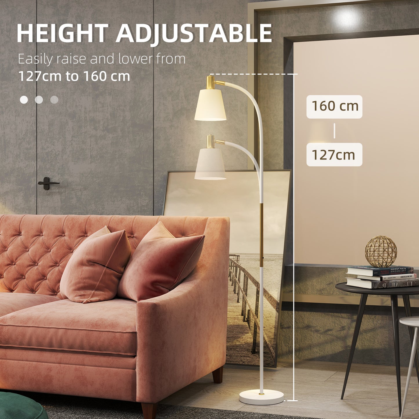 HOMCOM Adjustable Floor Lamp For Living Room With Reading Spotlight Max Height 160 Cm White Gold Finish E27 LED