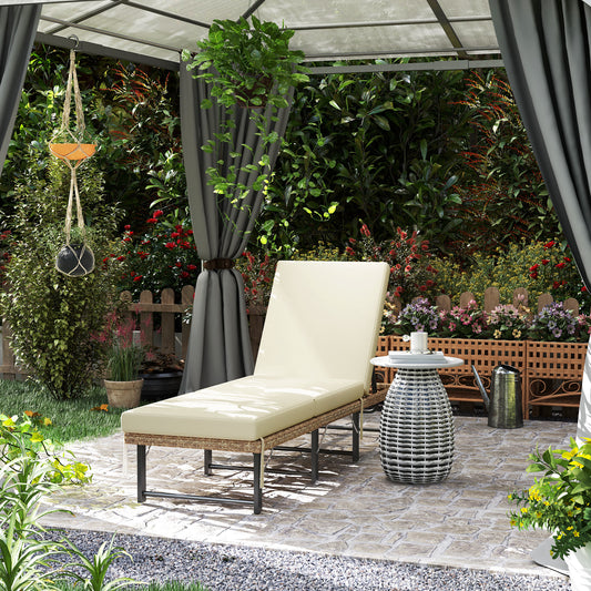 Outsunny Single Folding Rattan Sun Lounger With Cushion Grey Adjustable Back Powder Coated Steel Frame