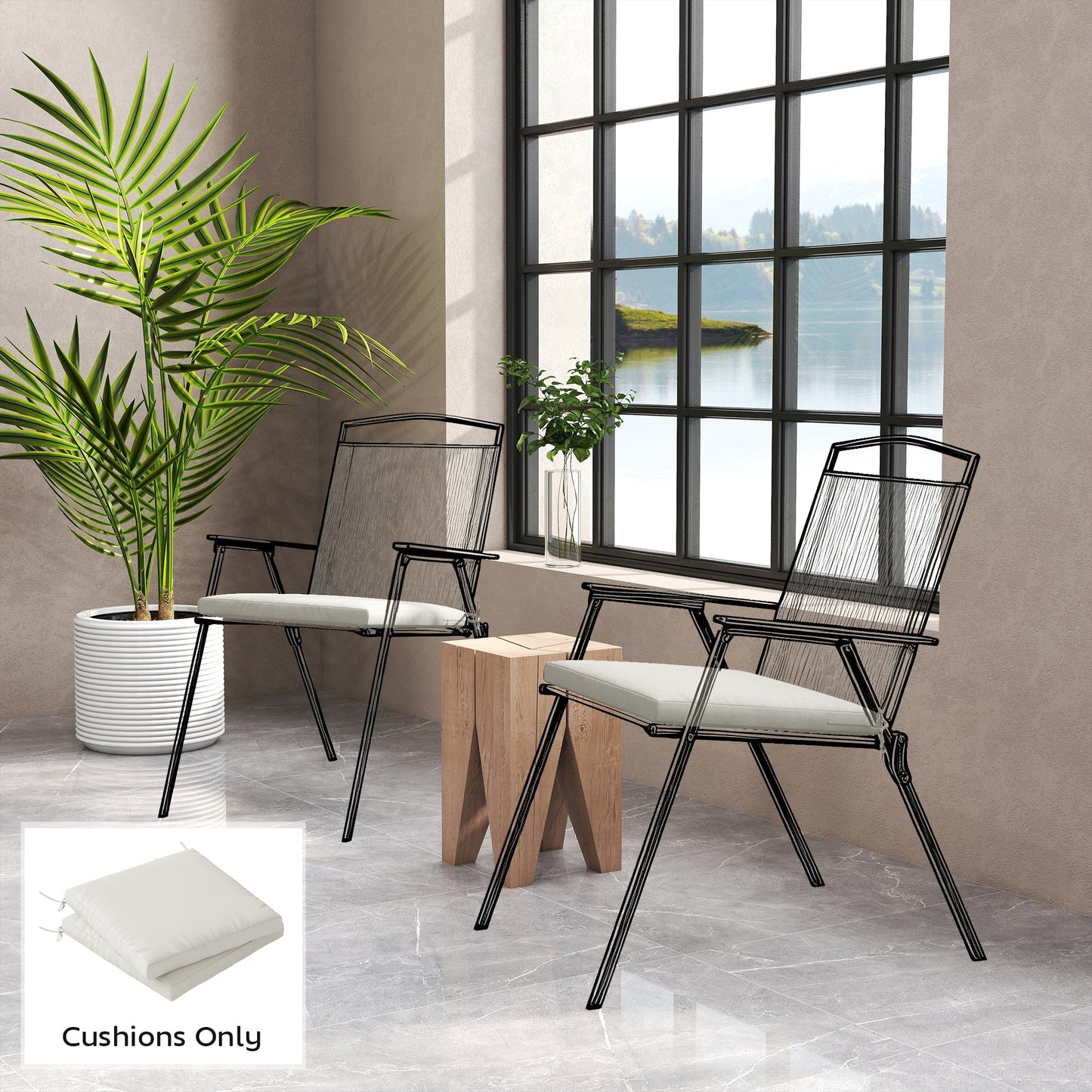 Outsunny Outdoor Seat Cushions Set Of 2 With Ties Waterproof Garden Pads Cream White 7cm Thick High Density Foam