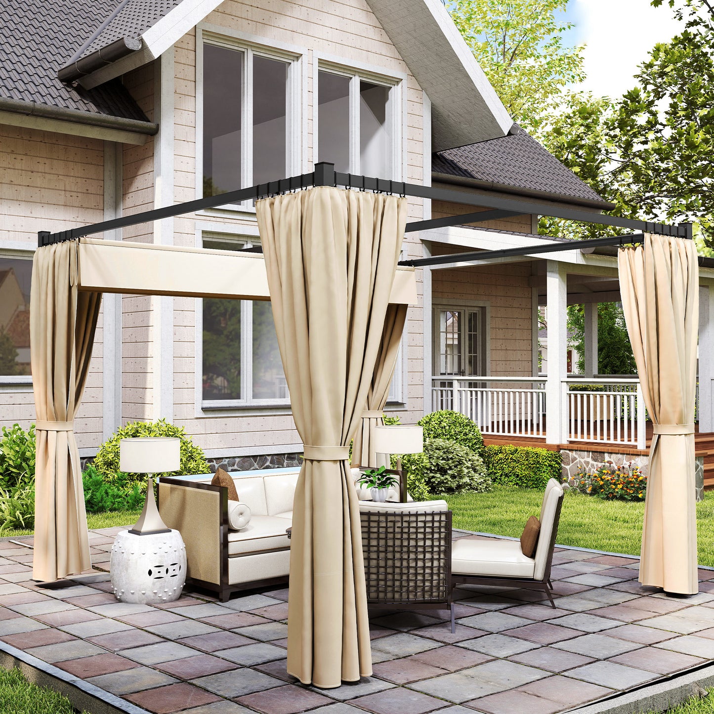 Outsunny 3x3m Retractable Roof Pergola With Curtains Khaki Patio Shade Canopy Outdoor