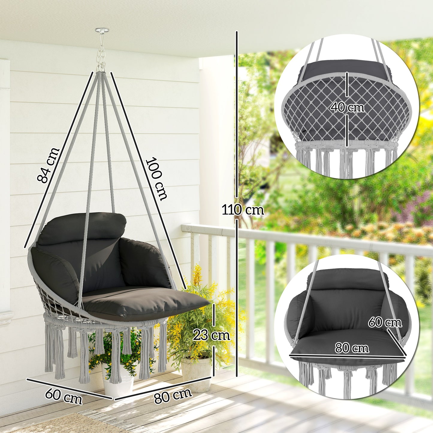 Outsunny Outdoor Hanging Chair Hammock With Soft Cushion Cotton Rope Boho Style Swing Chair Dark Grey