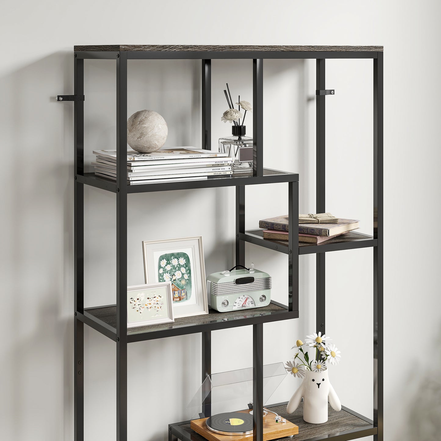 HOMCOM Seven Tier Geometric Bookcase Grey Black Metal Frame Bookshelf for Modern Home Decor