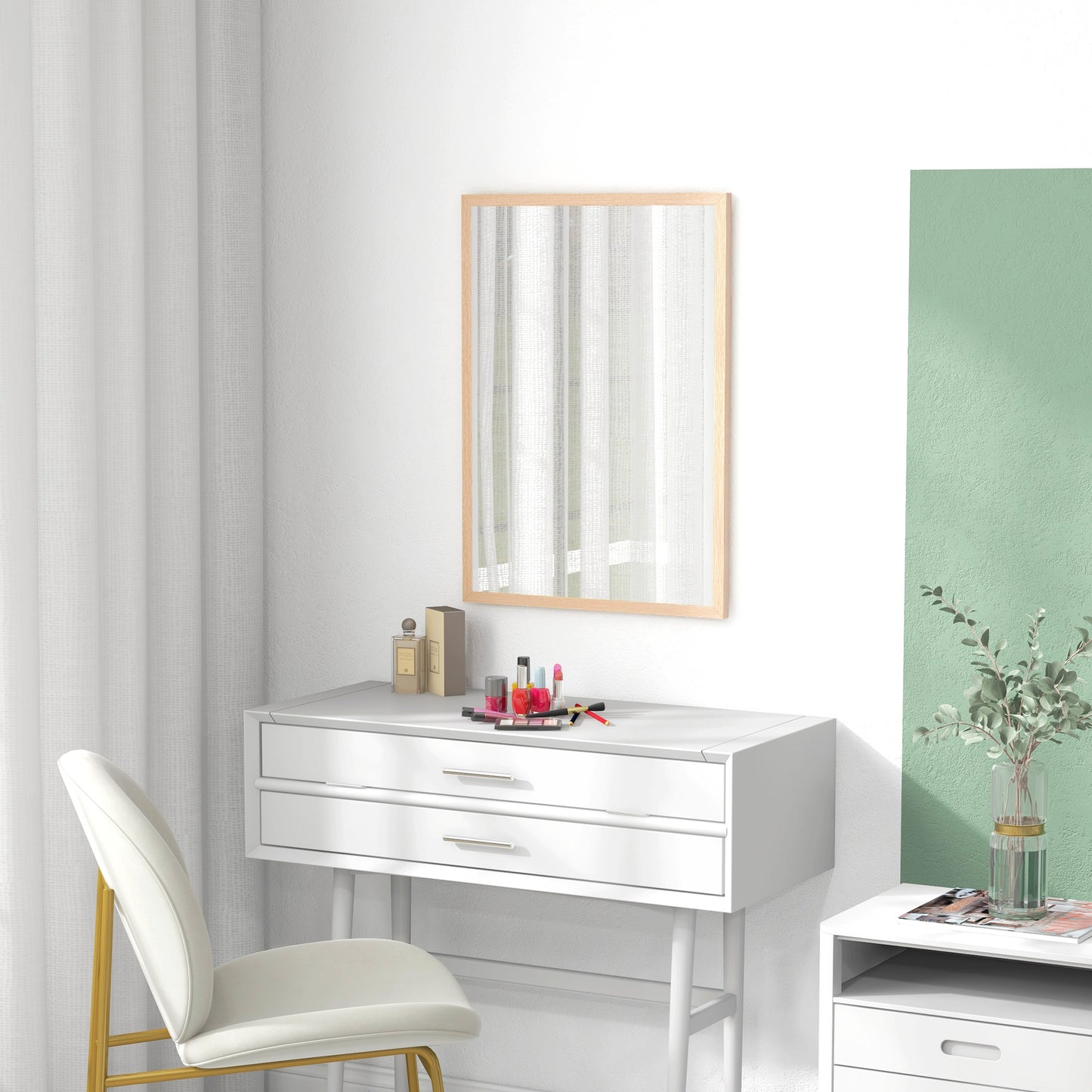 HOMCOM Wall Mounted Mirror 70 x 50 cm Natural Wood Frame For Bathroom Living Room Hallway