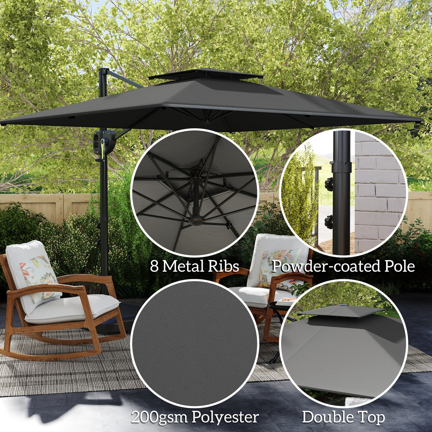Outsunny Cantilever Parasol With Weighted Base Double Top Square Hanging Patio Umbrella Crank Tilt Dark Grey