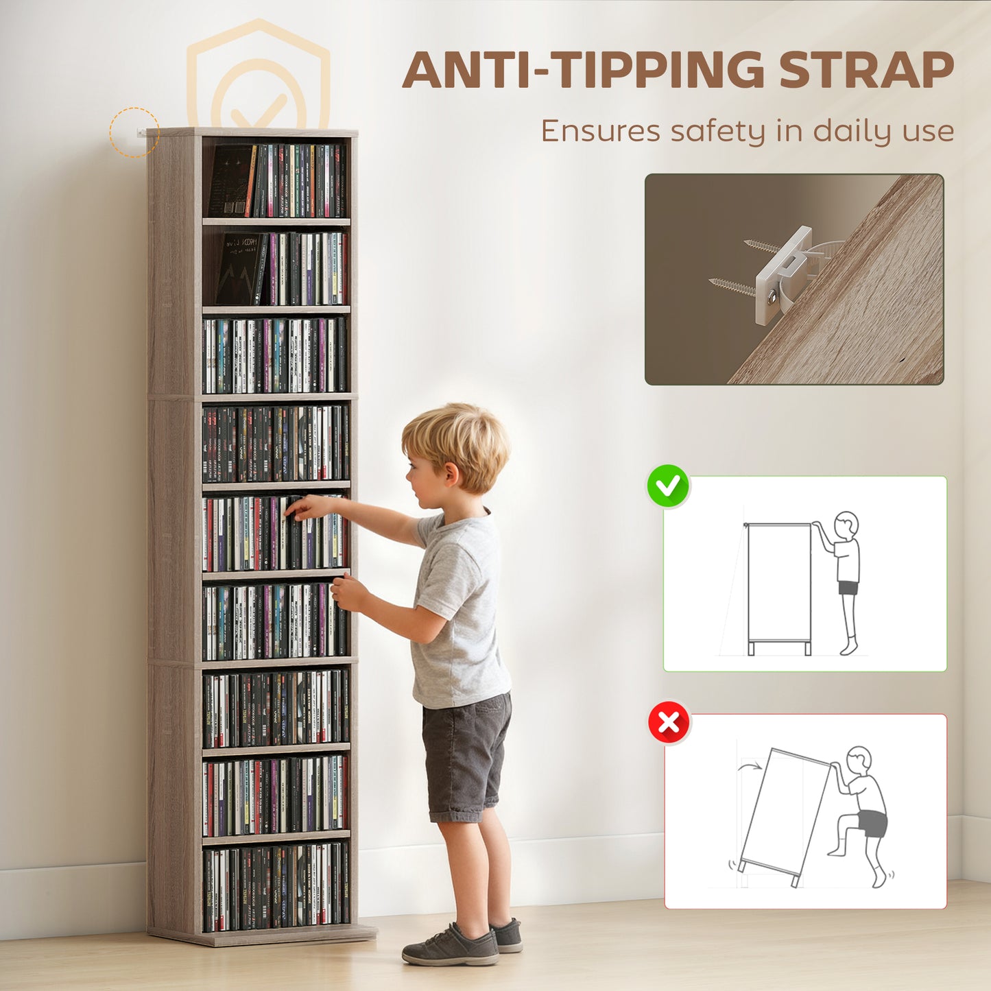 HOMCOM 260 CD Storage Unit Narrow With Six Adjustable Shelves Natural Wood Finish For Home Media Organization