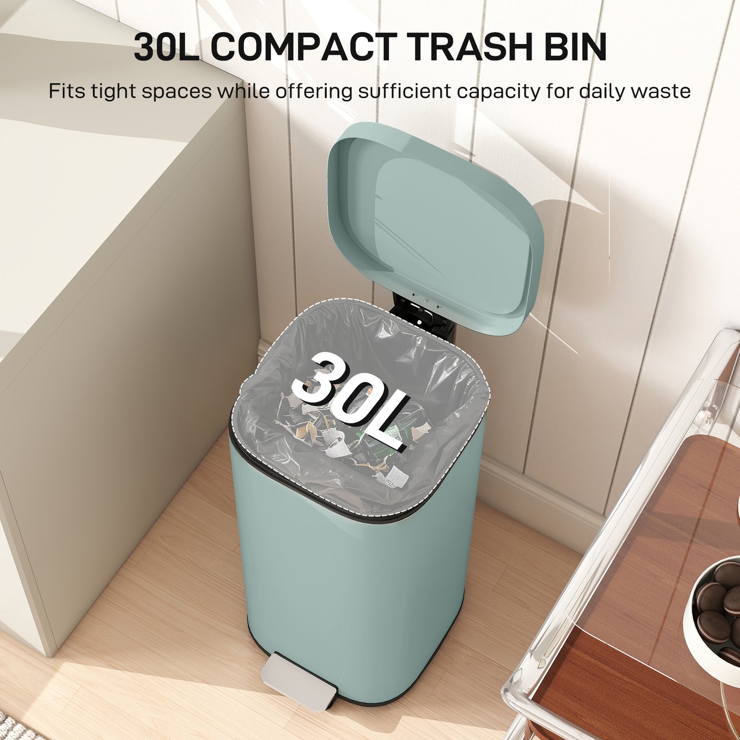 HOMCOM 30L Compact Pedal Kitchen Bin With Soft Close Lid And Stay Open Feature Removable Bucket For Kitchen Office Green