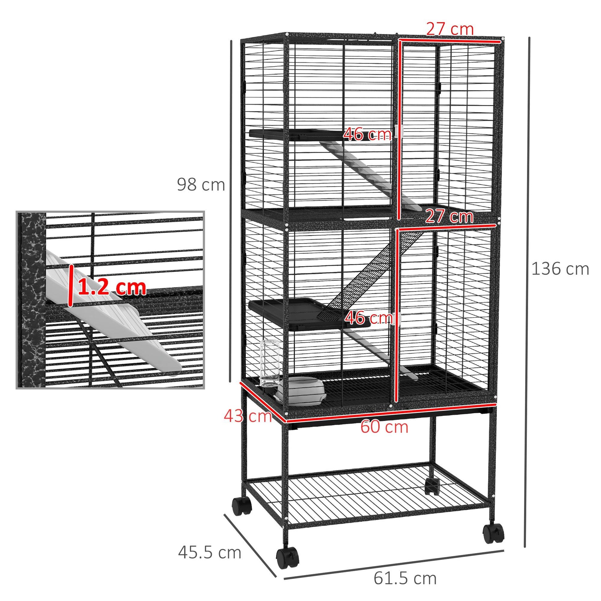 PawHut Rolling Chinchilla Cage, Small Animal Cage for Ferrets w/ Three Doors, Storage, Shelf, Tray Tray, Bowl, Water Bottle - ALL4U RETAILER LTD