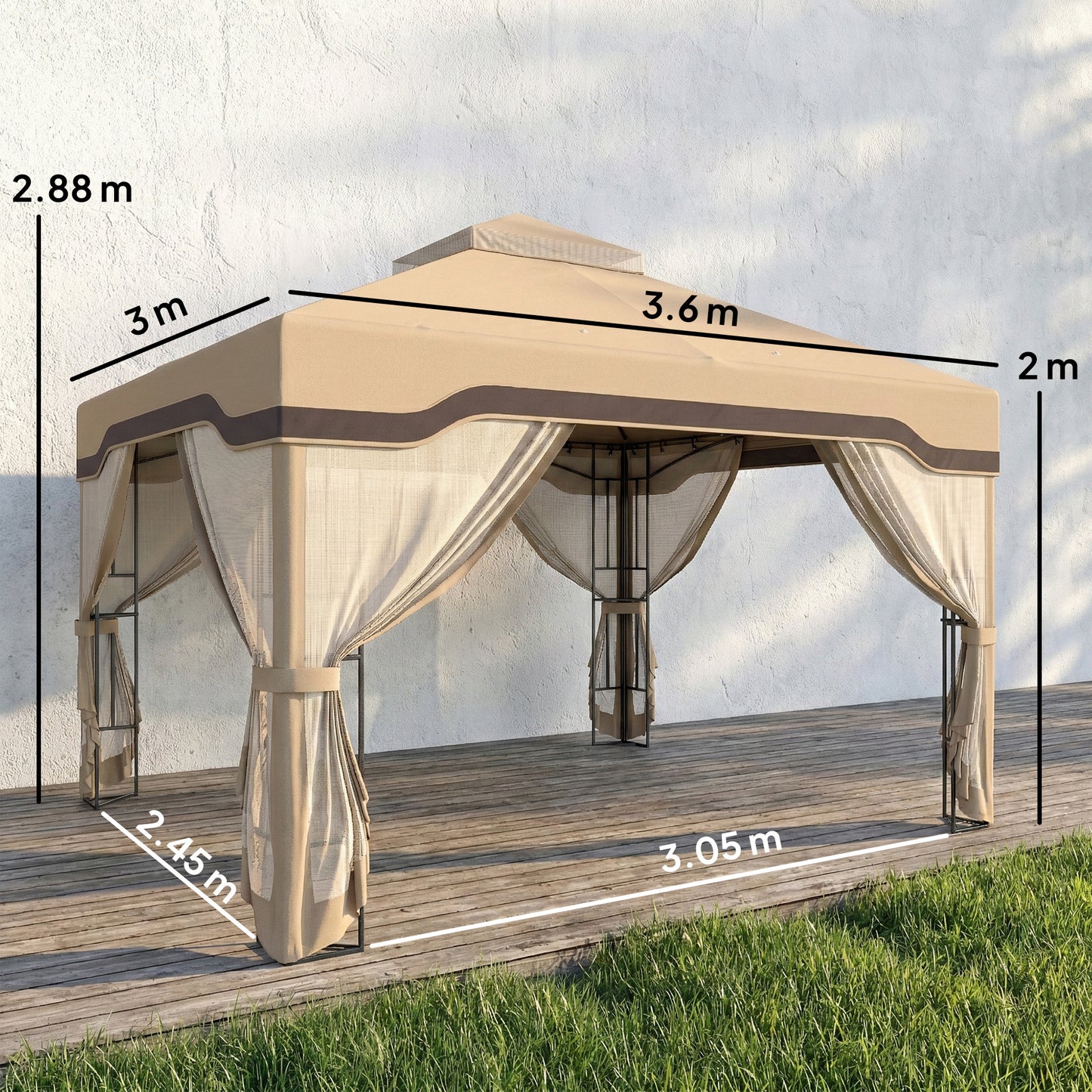 Outsunny 3 x 3.6 m Outdoor Garden Gazebo With Post Shelves UPF50 Plus Patio Permanent Pavilion With Hook Khaki