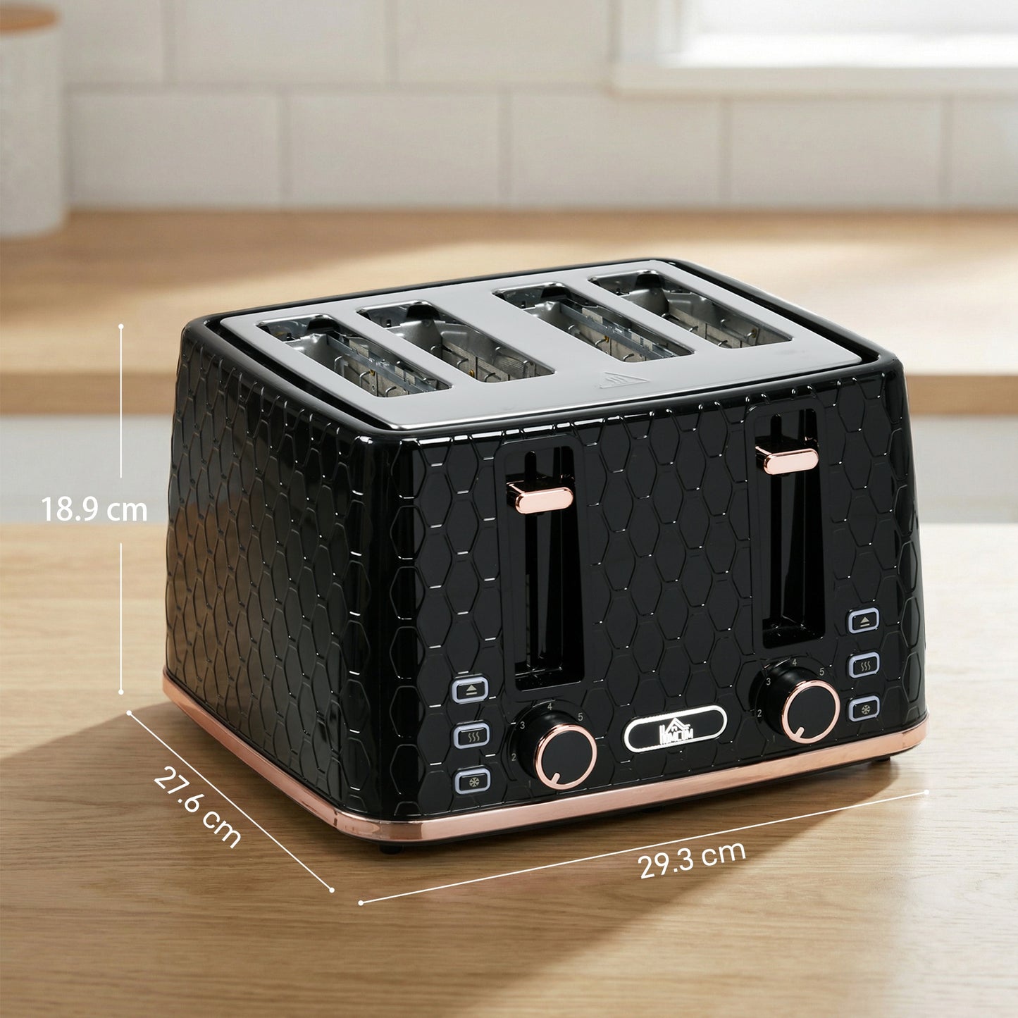 4 Slice Toaster With 7 Browning Levels High Lift Reheat Defrost Cancel Self Centring Crumb Tray 1600W Black Honeycomb