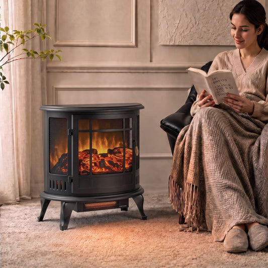 Freestanding electric fireplace stove, dark gray 3-sided mesh glass with glowing flames