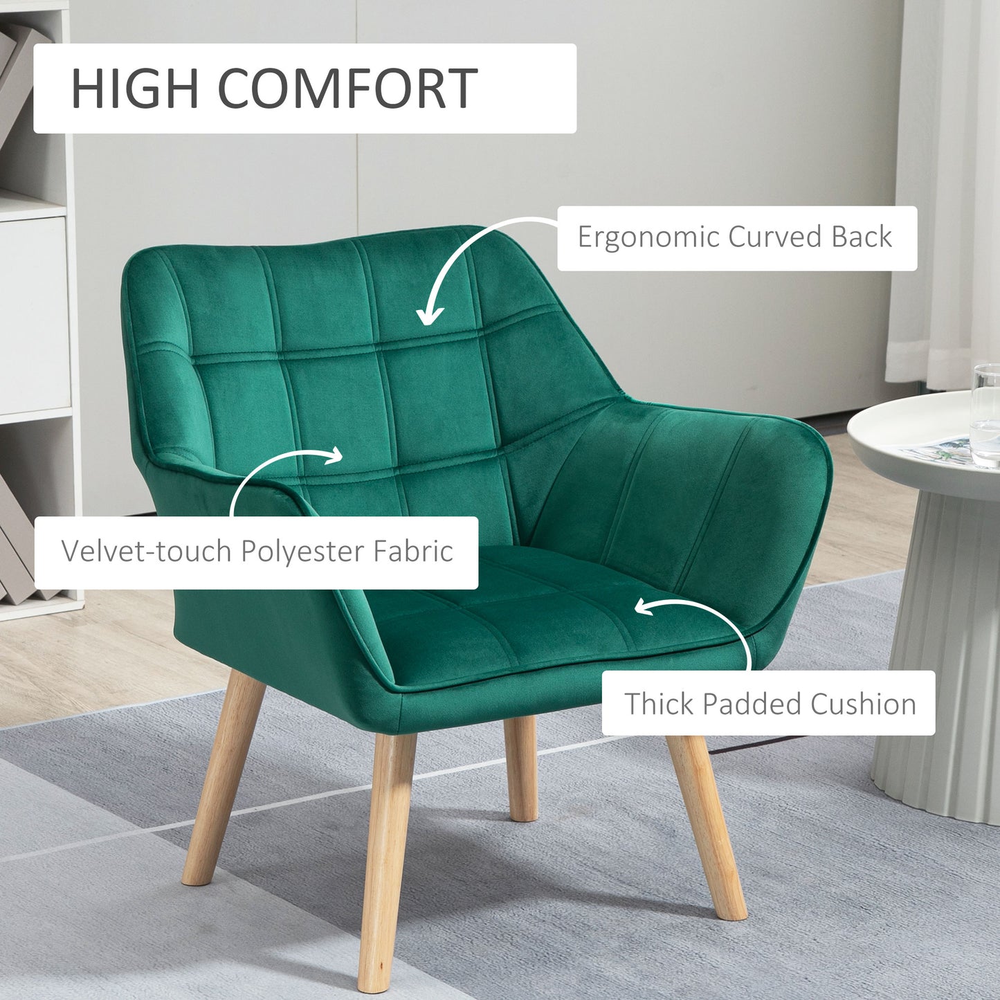 HOMCOM Armchair Accent Chair Vanity Chair Wide Arms Slanted Back Padding Metal Frame Wooden Legs Home Bedroom Furniture Seating Set 2 Green - ALL4U RETAILER LTD