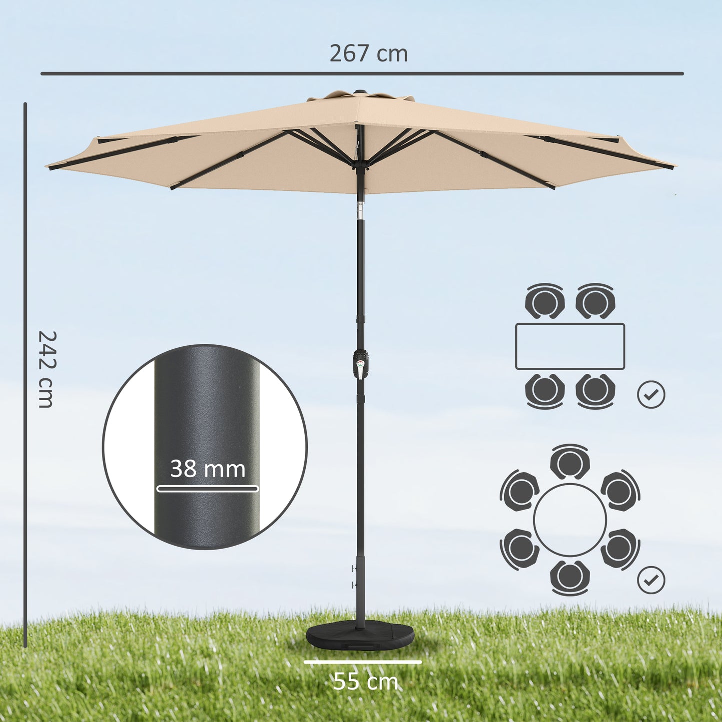 Outsunny 2.7m Garden Parasol Umbrella With Cross Base And Sandbag Retractable Ribs Outdoor Table Market Umbrella Khaki