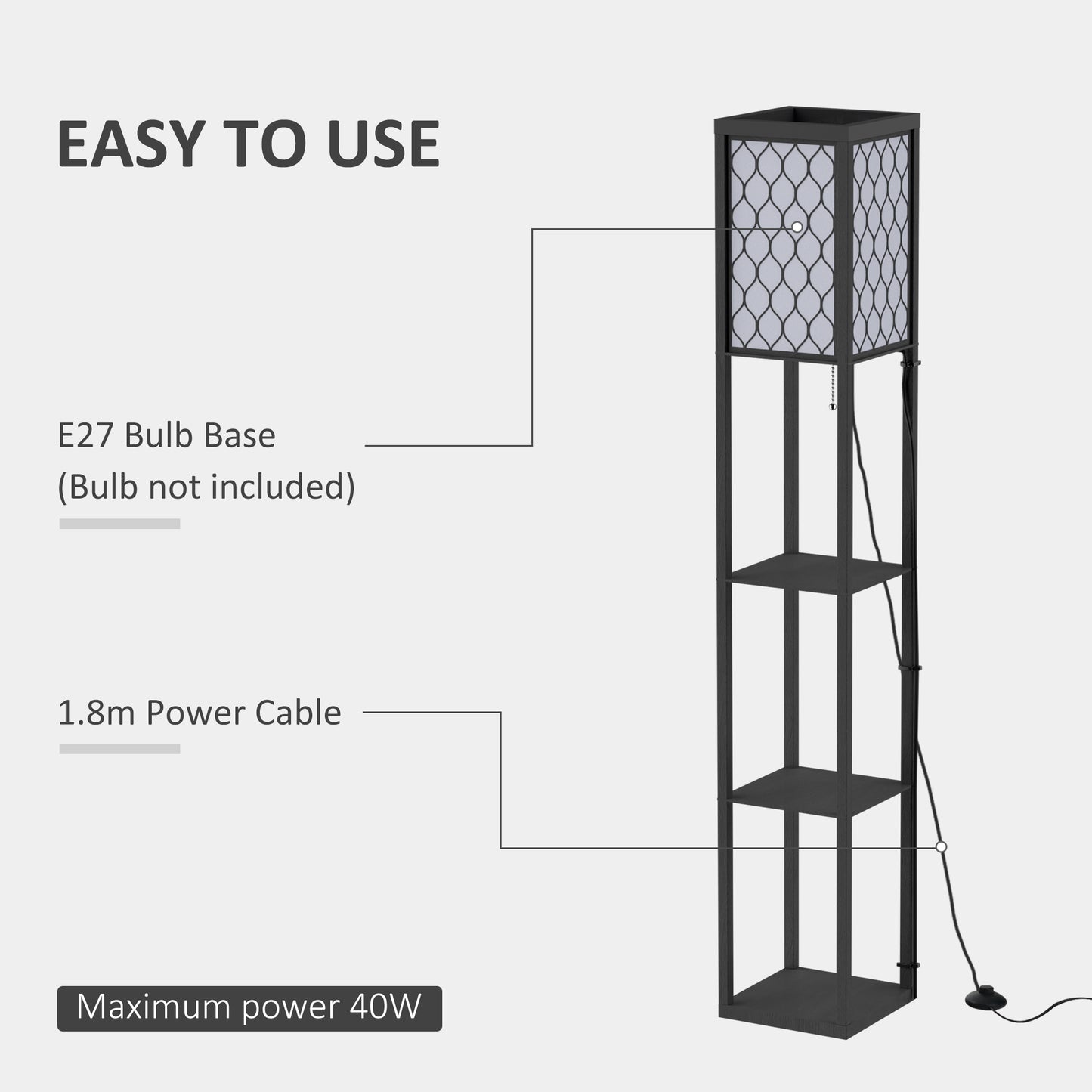 HOMCOM Set of 2 Three Shelf Tall Standing Lamps with Built in Storage Shelves in Black