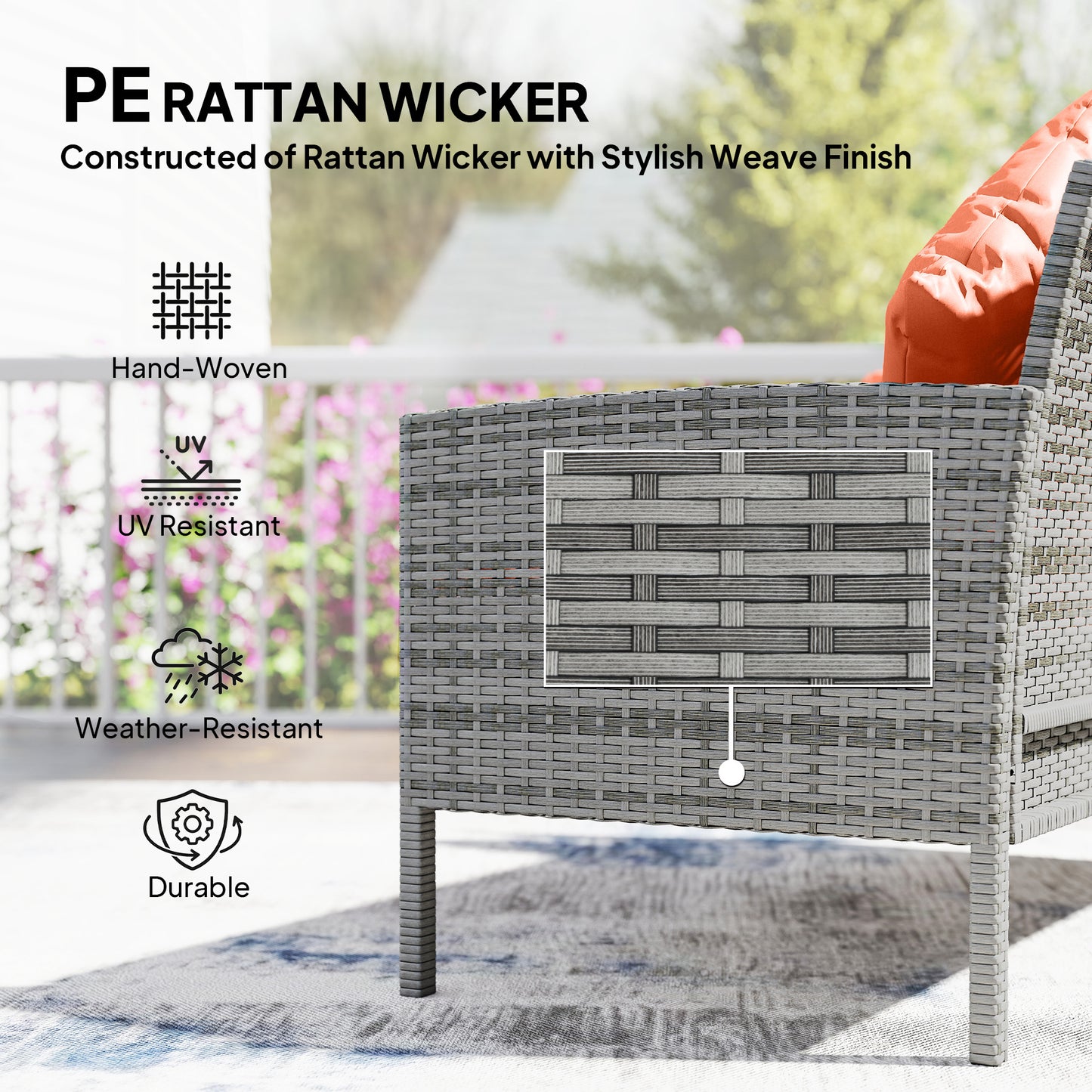 Outsunny Six Seater Rattan Dining Set With Sofa Table Footstools Outdoor Garden Furniture Orange Cushions