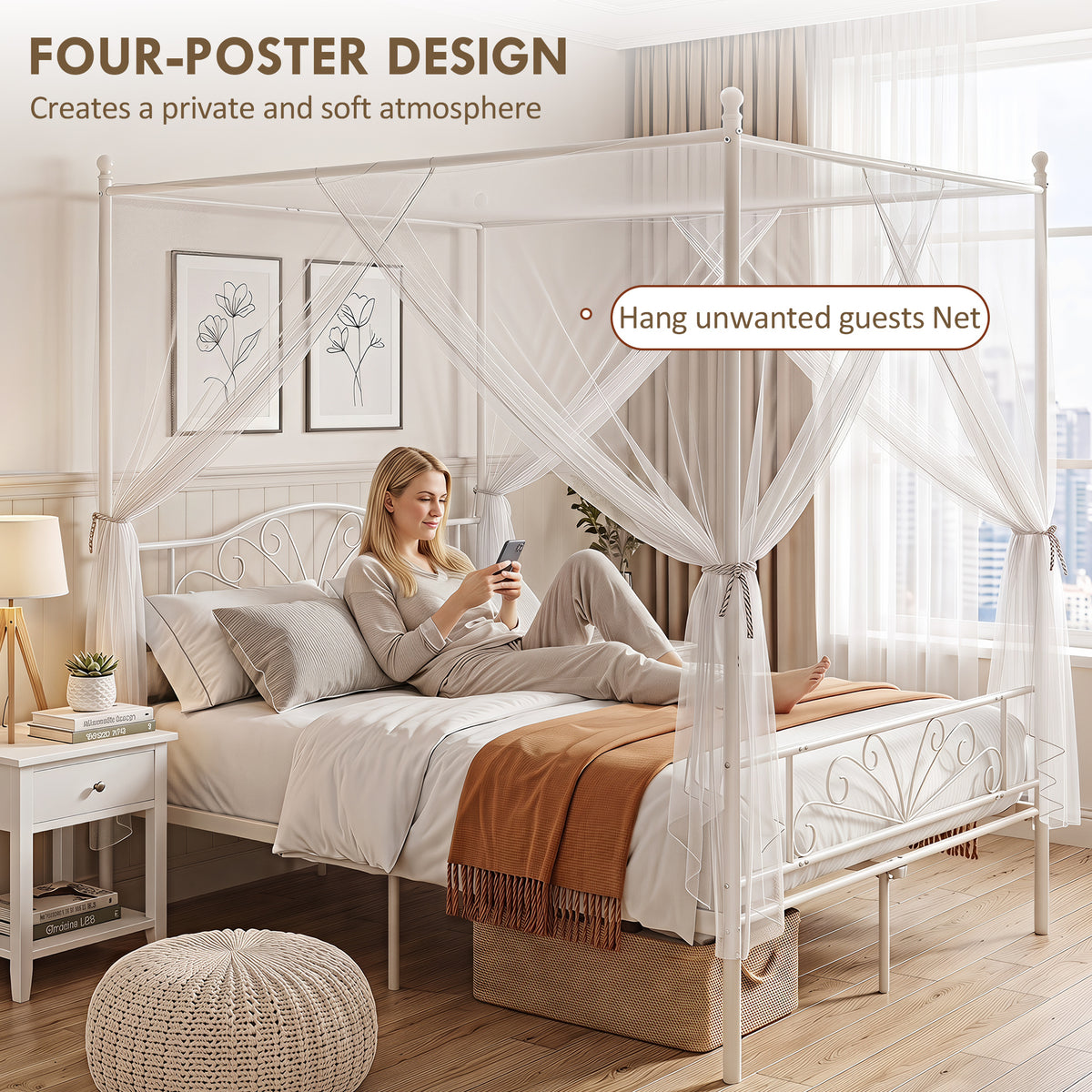 Homcom King Canopy Bed Frame Metal Platform White Steel Headboard Storage