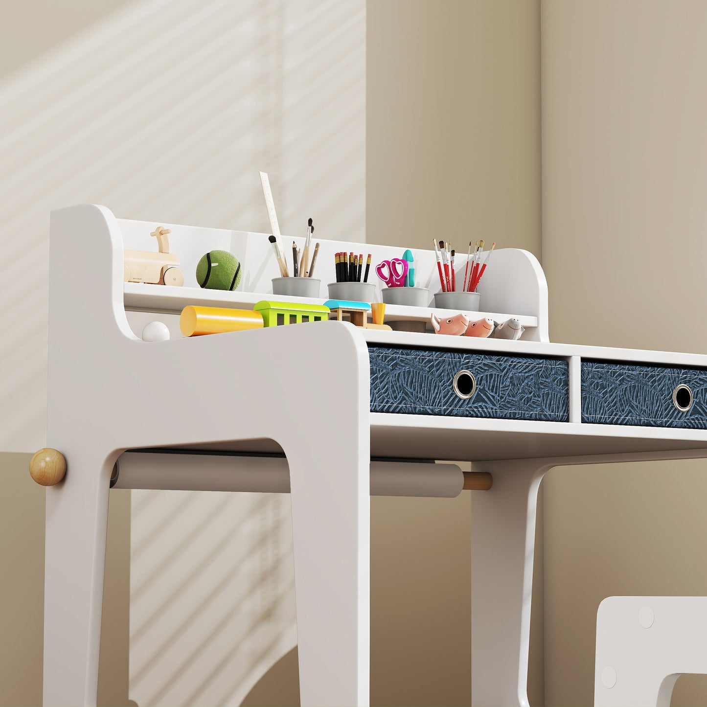 AIYAPLAY Kids Art Table and Chair Set with Storage Shelf and Drawers and Cupholders
