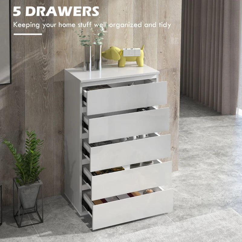 HOMCOM High Gloss 5-Drawer Chest of Drawers: Modern Dresser and Storage Unit for Bedroom Organization - ALL4U RETAILER LTD